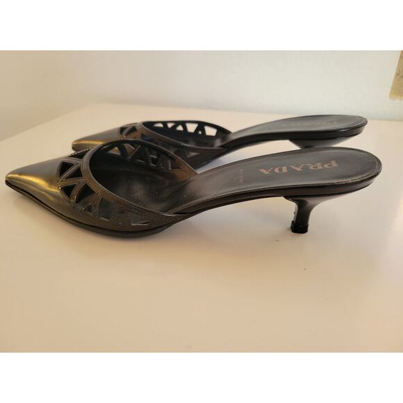 PRADA Vintage VTG black pointy pointed kitten heel mules 37 - Picture 7 of 12